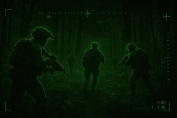 Simulated night vision view of soldiers moving through a forest during a nighttime operation, glowing green tones, heat signatures and HUD interface elements, cinematic military surveillance perspecti