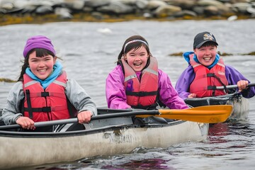 Three smiling children paddling together in a canoe on the water