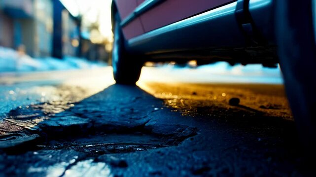 Cracked asphalt exposing vehicle undercarriage while driving through snow covered street during warm golden sunset glow