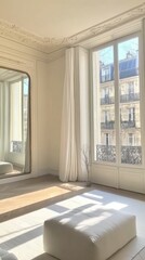 Fototapeta premium Sunlit room, large windows, ornate molding, minimalist furniture.