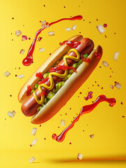 Hot dog with mustard and relish floating in mid-air, surrounded by ketchup splashes and onions