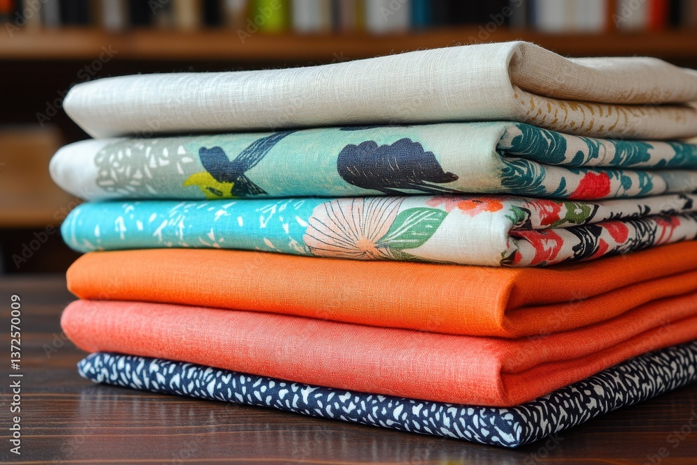 Poster stack of neatly folded colorful fabrics on wooden table showcasing vibrant patterns and textures in 