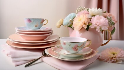 Fototapeta premium Tea Party - A whimsical tea party scene with pastel - colored teacups, a stack of floral napkins, and a silver spoon resting on a saucer