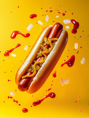 Hot dog with mustard and relish floating in mid-air, surrounded by ketchup splashes and onions