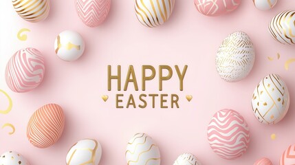 Obraz premium Happy Easter with pastel pink background and colorful Easter eggs in pink, white, and gold featuring stripe, zigzag, and geometric patterns. Festive scene with shiny golden accents, perfect for Easter