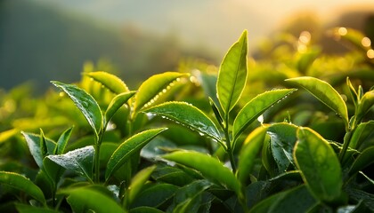 Obraz premium Tea Plantations - A close-up of vibrant green tea leaves glistening with dew, bathed in soft morning light