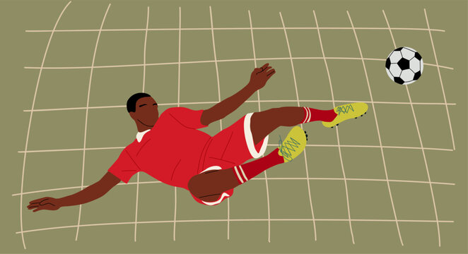 Black Soccer player, sports man football player with ball in action, jumping, falling. African american Male Cartoon character isolated vector illustration