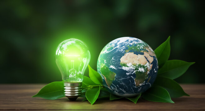 Green energy lighting for sustainable future, with earth globe and lightbulb on leaf background for earth day greeting card, environment and ecology concept
