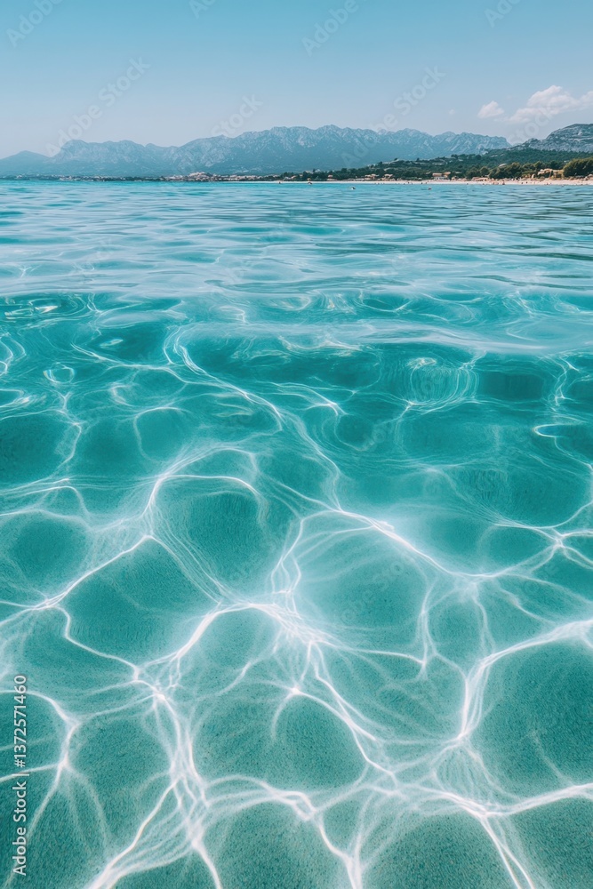 Aufkleber serene turquoise sea reflecting sunlight creating abstract patterns with mountains in the background