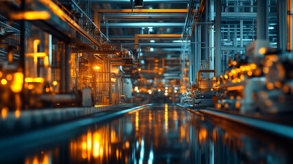 Obraz premium vibrant industrial scene showcasing modern manufacturing facility with illuminated machinery and reflective surfaces, creating dynamic atmosphere of productivity and innovation