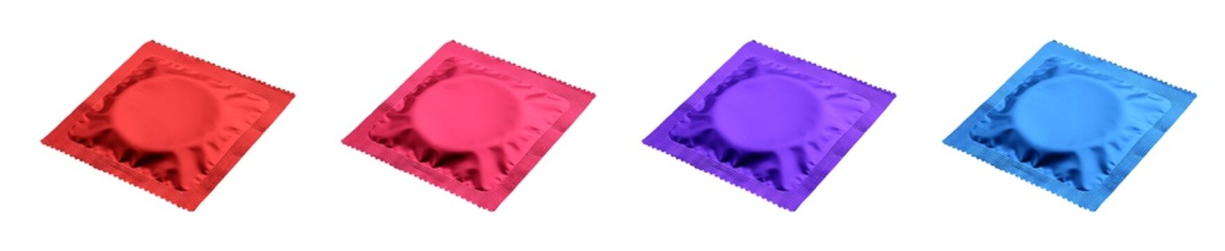 Colorful condom wrapper packet transparent PNG set bundle, isolated background. Red, pink, purple, blue color. 3D isometric view, condoms, safe sex protection contraceptive, STD prevention