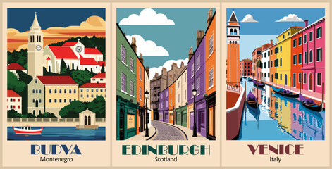 Fototapeta premium Set of Travel Destination Posters in retro style. Budva, Edinburgh, Venice cityscape prints. Exotic summer vacation, holidays concept. Vintage vector colorful illustrations.