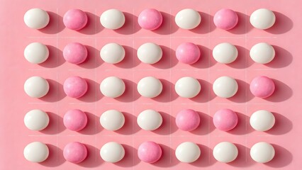 Orderly Pattern of Pink and White Round Pills on Pink Background

