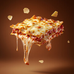 Slice of lasagna floating in mid-air, surrounded by melted cheese and tomato sauce splashes