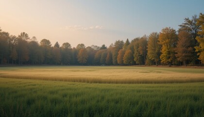 Obraz premium Morning serenity autumn landscape peaceful meadow nature photography vibrant colors tranquil atmosphere outdoor view seasonal beauty