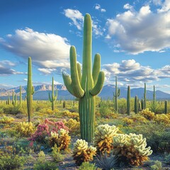 Majestic saguaro cactus landscape under a sunny blue sky with fluffy clouds in Arizona desert scenic view