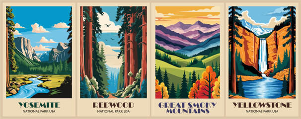 A collection of retro posters featuring various national parks. Yosemite, Rosewood, Great Smoky Mountains, Yellowstone landscape prints. Vector colorful art illustrations