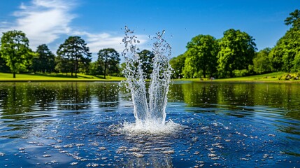 Naklejka premium A serene park scene featuring a splash of water in a calm lake surrounded by trees.