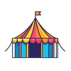 A vibrant circus tent with a flag on top, featuring vertical stripes in yellow, orange, red, blue, and purple, evoking a playful carnival atmosphere.