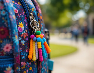 Colorful floral backpack with vibrant keychains hanging on the zipper in an outdoor setting