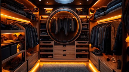 A Luxurious Walk In Closet Featuring Fine Wood And Lighting