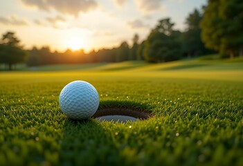 golf ball near the hole on a green course at sunset