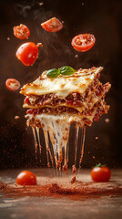 Slice of lasagna floating in mid-air, surrounded by melted cheese and tomato sauce splashes