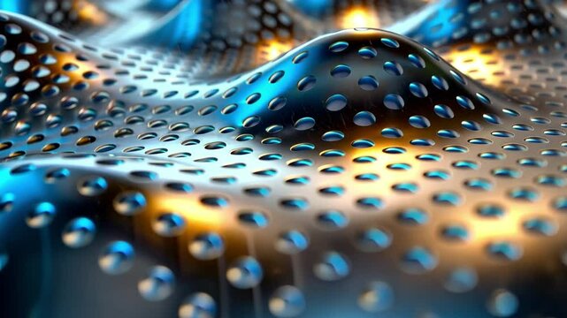 Shiny metallic surface with perforated patterns showcases dynamic reflections and depth, while textured design evokes sense of movement through its abstract interplay of light and shadow.