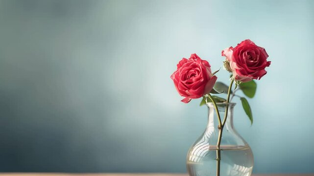 Two pink roses in a transparent glass vase standing on a wooden table against a light blue background