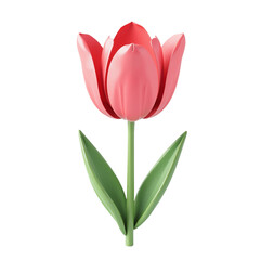 Fototapeta premium Single pink tulip with green leaves, 3D rendering, isolated on black background. Perfect for spring designs.