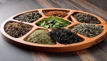 Unbrewed Tea - A wooden tray filled with different varieties of unbrewed tea leaves, including green, black, white, and oolong