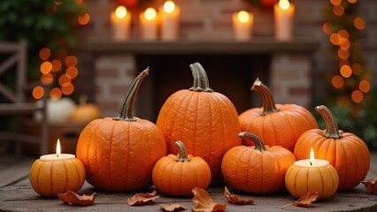 Table with a bunch of pumpkins and candles. The pumpkins are orange and the candles are lit. Scene is warm and cozy, perfect for the fall season