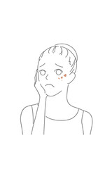 お肌のシミに悩むまとめ髪女性の線画イラスト