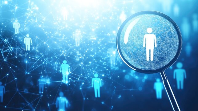 Digital illustration of magnifying glass focusing on human figure with network connections. Blue-toned scene showing social network analysis and data research concepts.