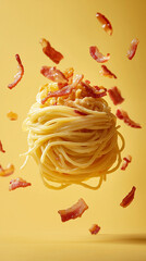 Spaghetti carbonara floating in mid-air, with creamy sauce and crispy bacon pieces suspended around it