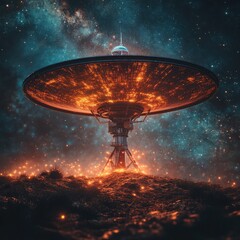 A powerful deep-space satellite dish, glowing intensely with orange light, sits atop a hill against a vibrant backdrop of stars and the Milky Way galaxy, captu mysterious