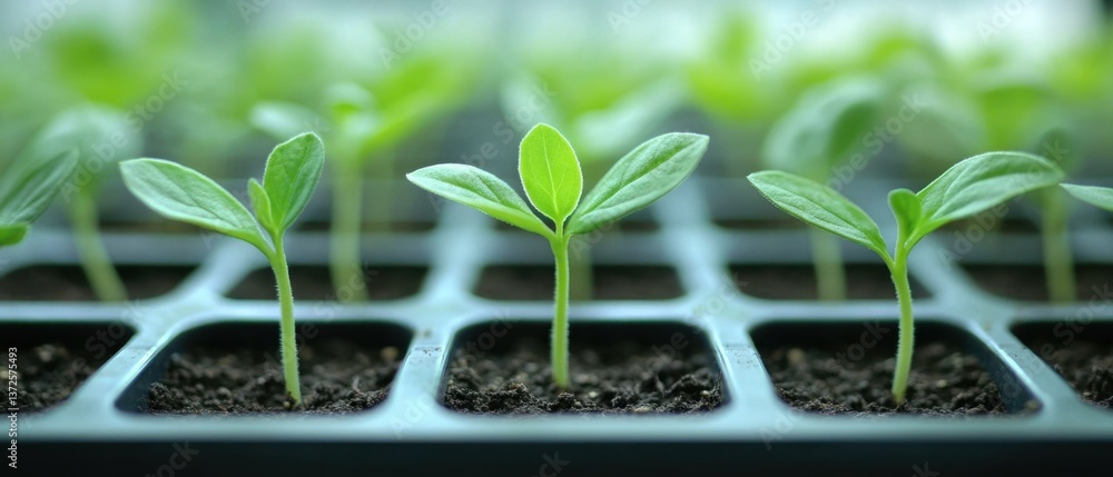Poster fresh green sprouts emerge from rich soil in a seedling tray symbolizing new beginnings and growth w