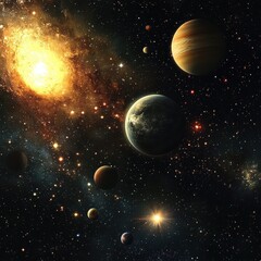 A breathtaking high-resolution image depicts a vibrant planetary system with a supernova explosion a constellation of stars exoplanets and satellites orbiting a central star within