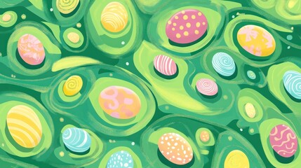 Whimsical Easter egg hunt background with abstract green landscape design
