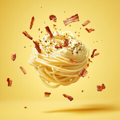 Spaghetti carbonara floating in mid-air, with creamy sauce and crispy bacon pieces suspended around it