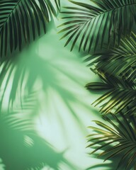 Obraz premium Tropical Palm Leaves Casting Shadows on a Mint Green Background Creating a Calming and Serene Mood with a Natural Aesthetic