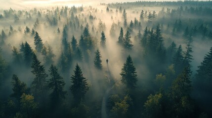 Lone Hiker's Silhouette: A Serene Trek Through Misty Evergreen Forest Landscape