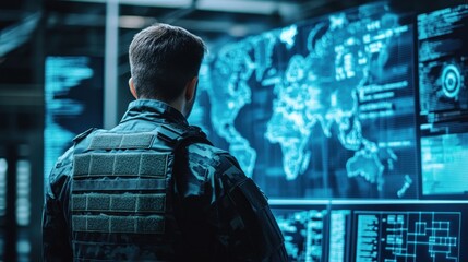 Cybersecurity professional monitoring global network activity on multiple screens