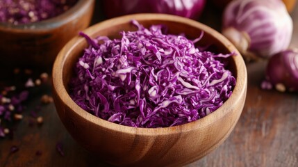 Freshly shredded purple cabbage in a wooden bowl displayed on a rustic table background