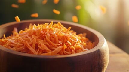 Freshly shredded carrots in a rustic wooden bowl placed on a table with sunlight streaming in