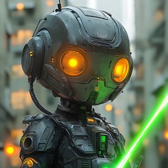 A futuristic robot character with glowing eyes in a cityscape