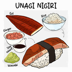 Unagi Nigiri Sushi Illustration Recipe with Ingredients