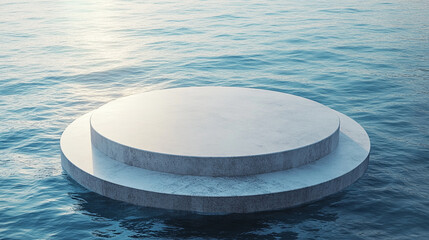 Round platform in the middle of the ocean with sunlight reflecting on the water surface in the distance.
