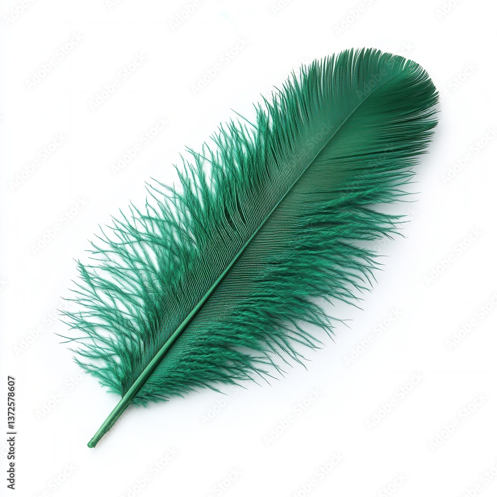 Poster emerald feather on white backdrop creating a striking contrast showcasing delicate texture and vibra