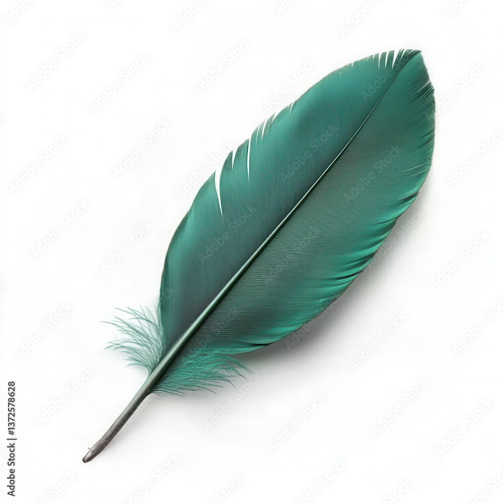 Poster emerald quill elegance a captivating close up of a single feather on a clean white backdrop showcasi